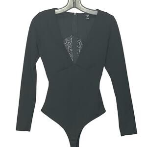 Windsor black bodysuit long sleeve sexy low cut vneck lace cutout size medium